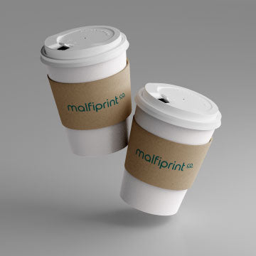 t: Two coffee cups with custom printed coffee sleeves for branding.